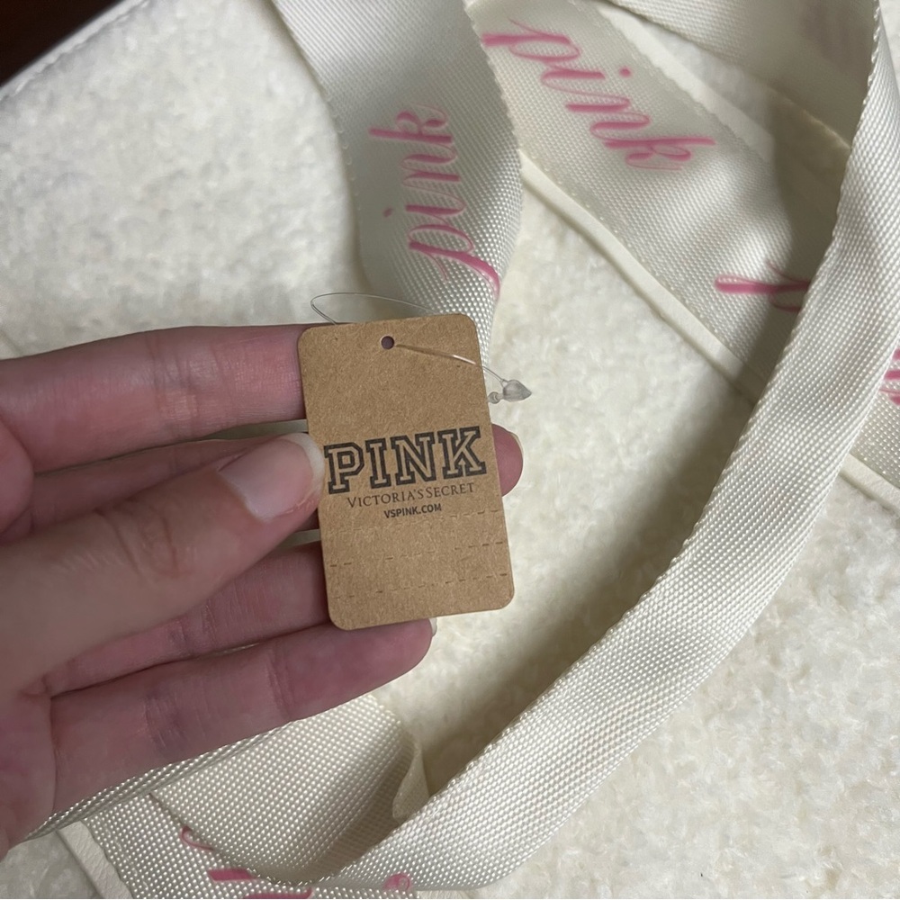 NWT PINK Victoria's Secret Sherpa Cream Tote Ribbon Straps Large Logo Cozy - Picture 9 of 12